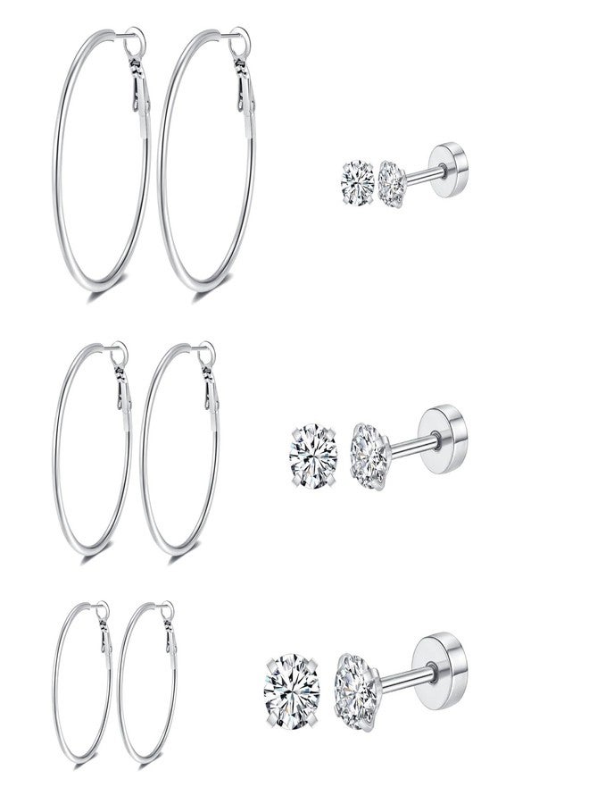 FOSIR Surgical Steel Hoop Earrings Flat Back Stud Earrings Set for Women - 6 Pairs Hypoallergenic Silver Earring Hoops and Cubic Zirconia Earrings Studs - Image 1